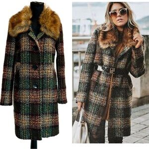 Zara rare plaid check faux fur collar fall winter coat jacket button closure XS